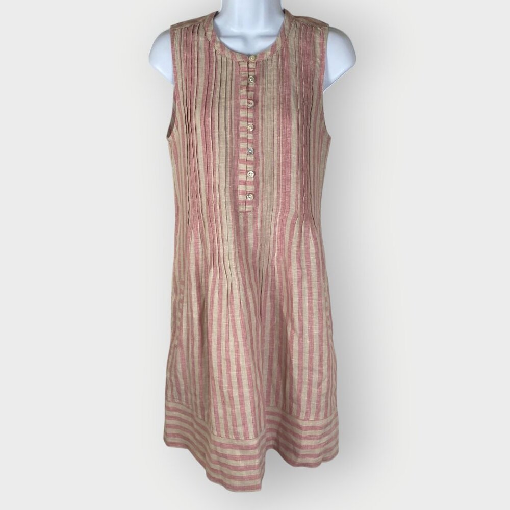 Faherty Isha Linen Dress | XS | Striped Pink Tan | Pockets | Beachy Resortwear